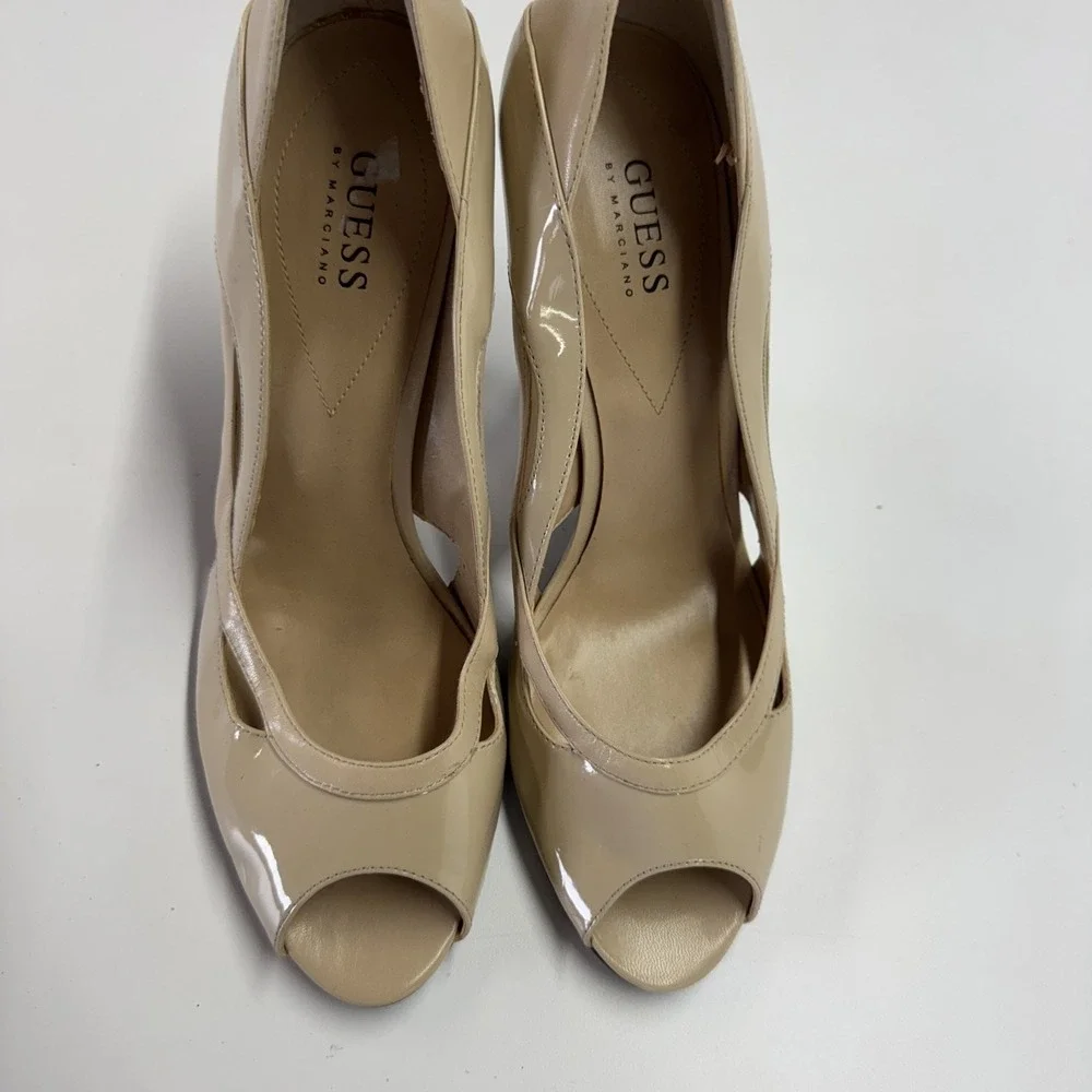 Guess Heels Women 10M Beige Chambery Patent Cutout Stiletto‎ Peep Toe